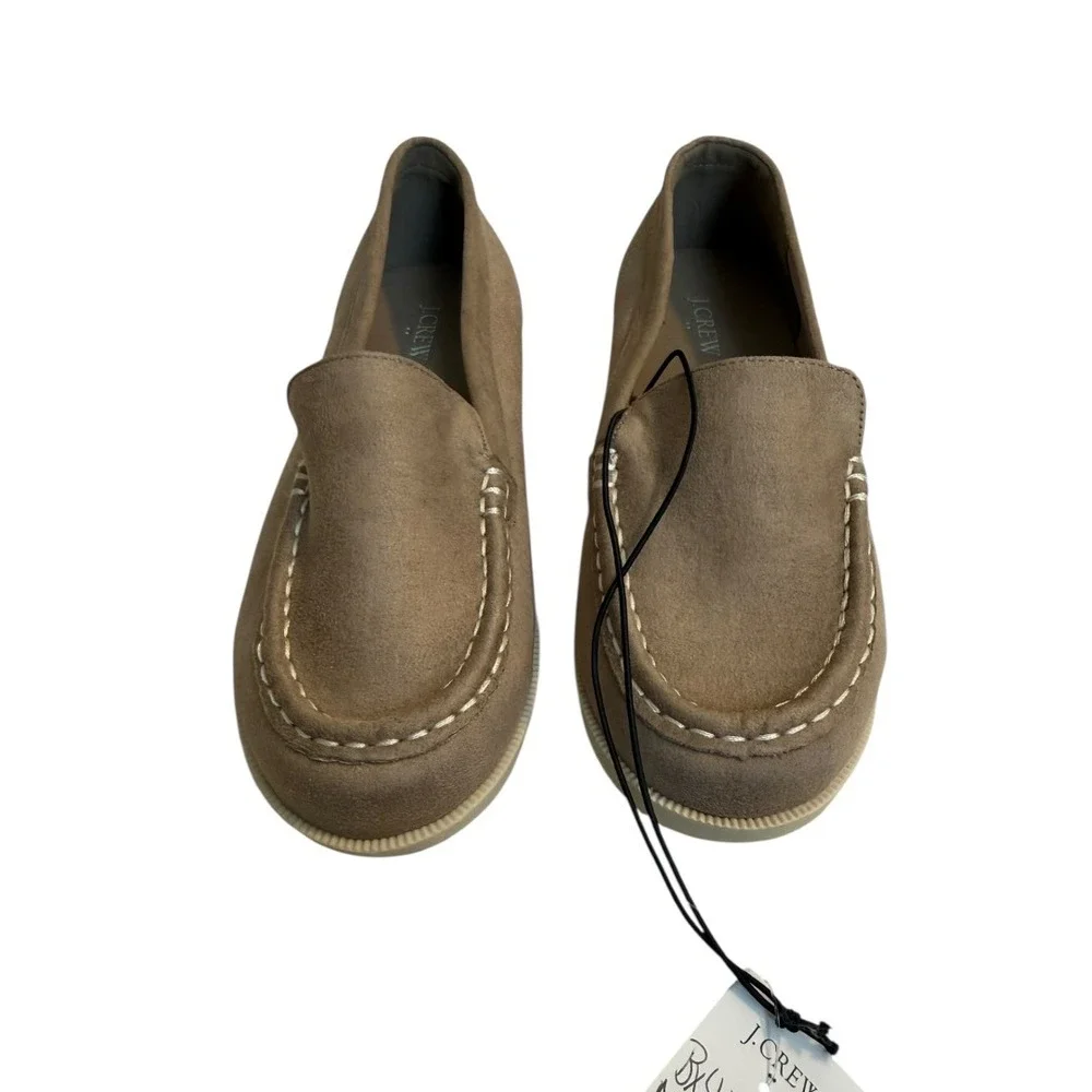 J‎ Crew Tan Faux Suede Moc Toe Loafers Contrast Stitch Slip On Flat Shoes Size 3